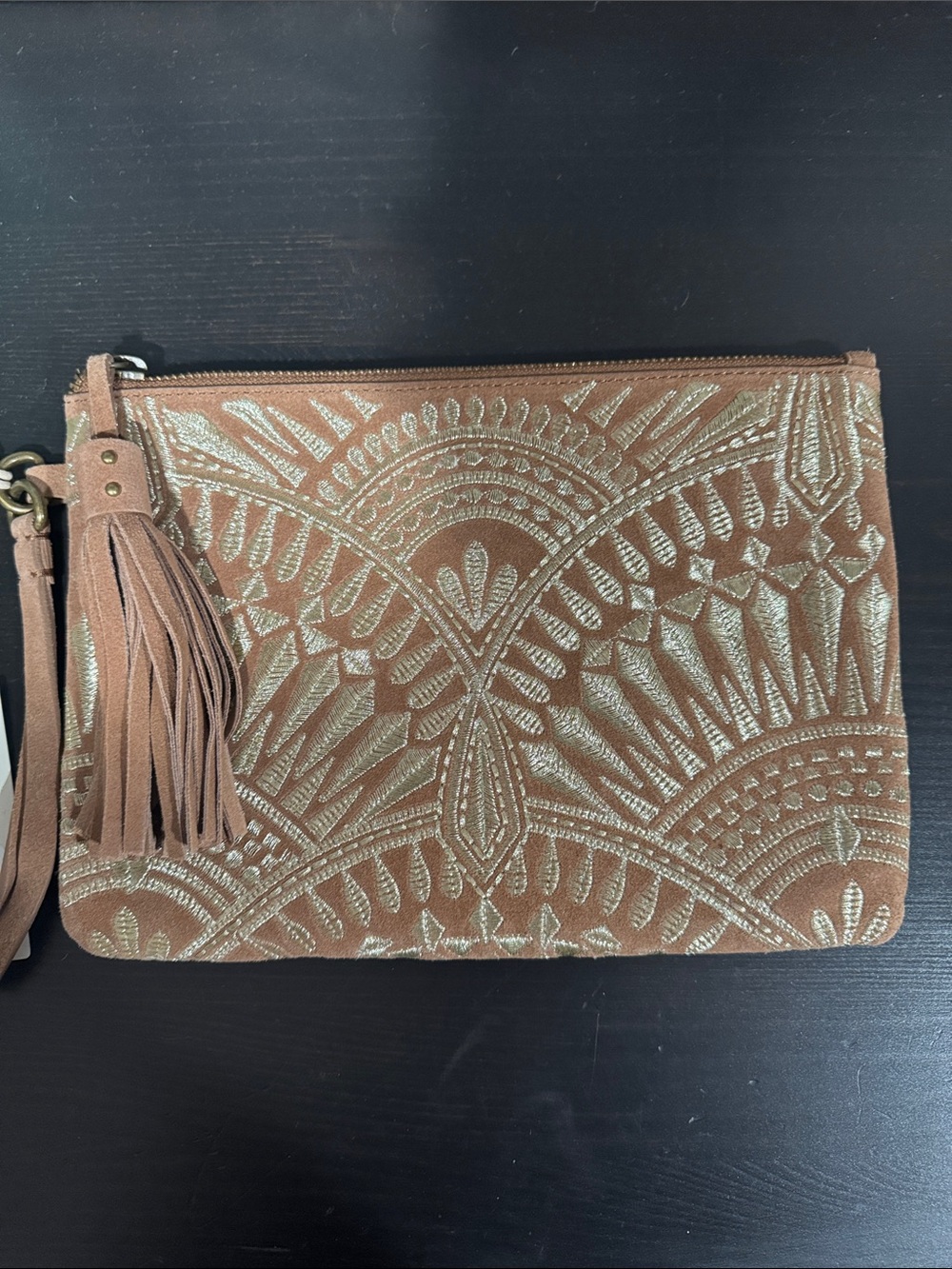 Embellished Tassel Wristlet Clutch - Brown with Gold Embroidery